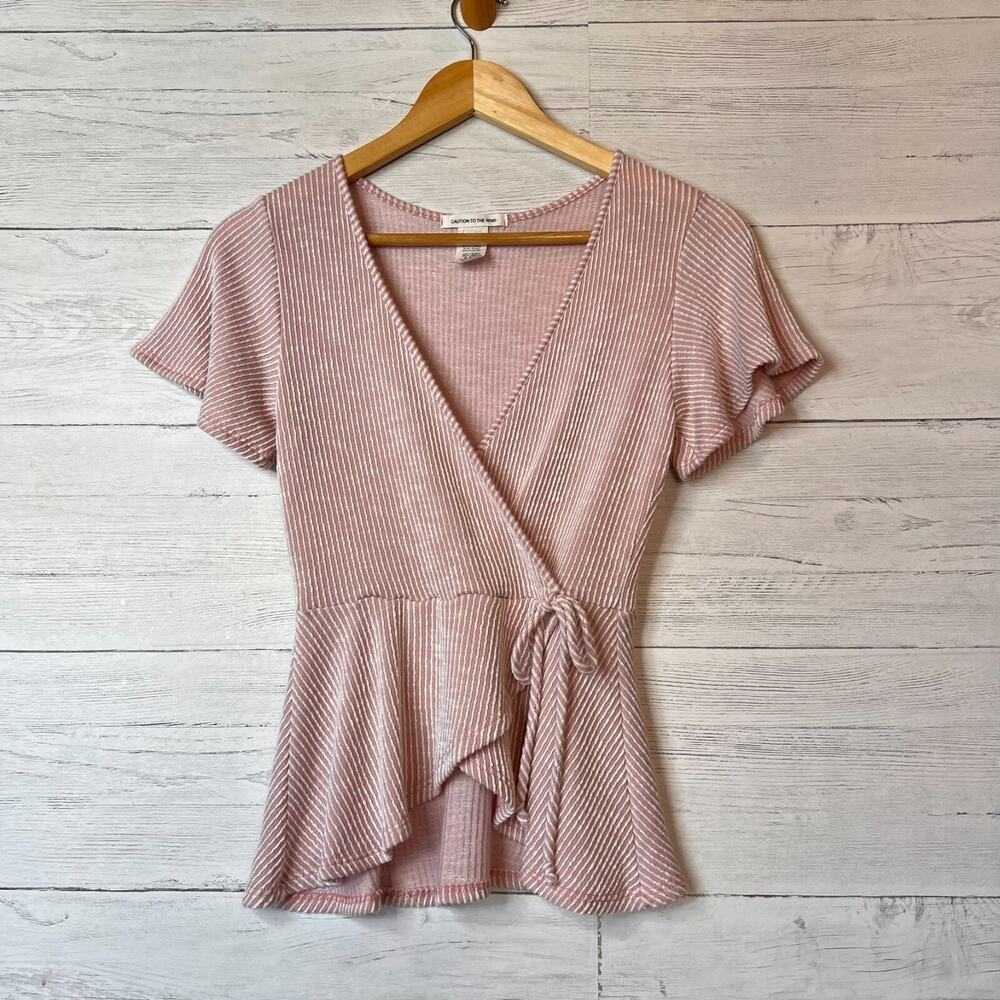 Caution to the Wind Blouse Womens SZ Medium Pink & White Stripe Faux Wrap Girly